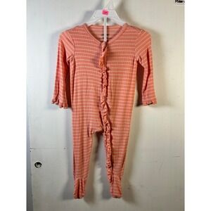 Little Me Baby Girl Coral Pink White Striped Ruffle Bamboo Viscose Sleeper 6M